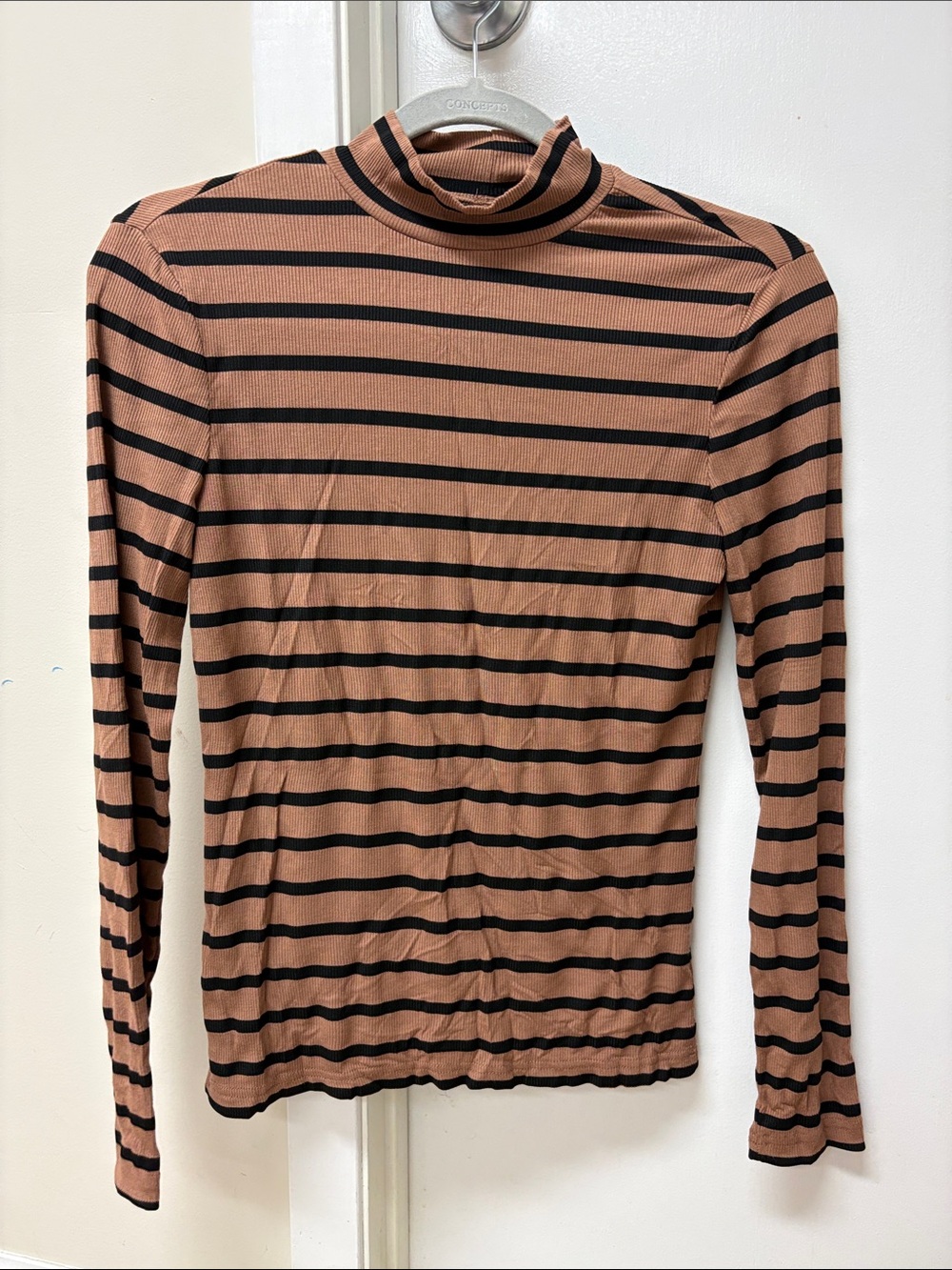 Striped Turtleneck Long Sleeve Top — Black & Rust